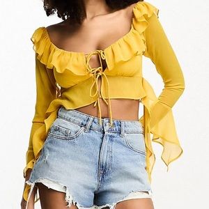 ASYOU Chiffon Long Sleeve Frilly Bardot Top